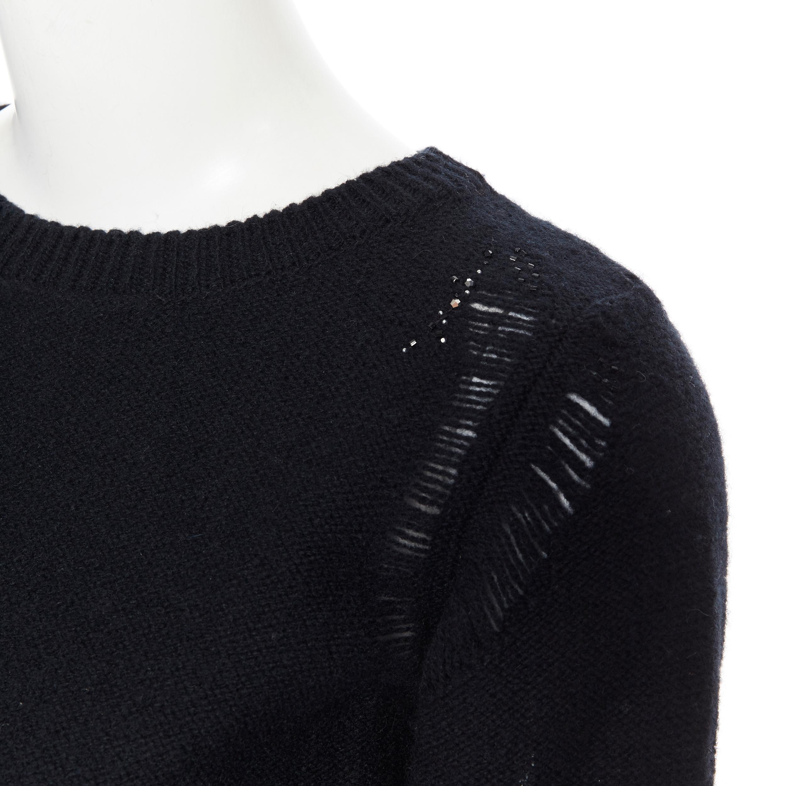 SAINT LAURENT black wool cashmere blend bead chain distressed cropped sweater XS 4