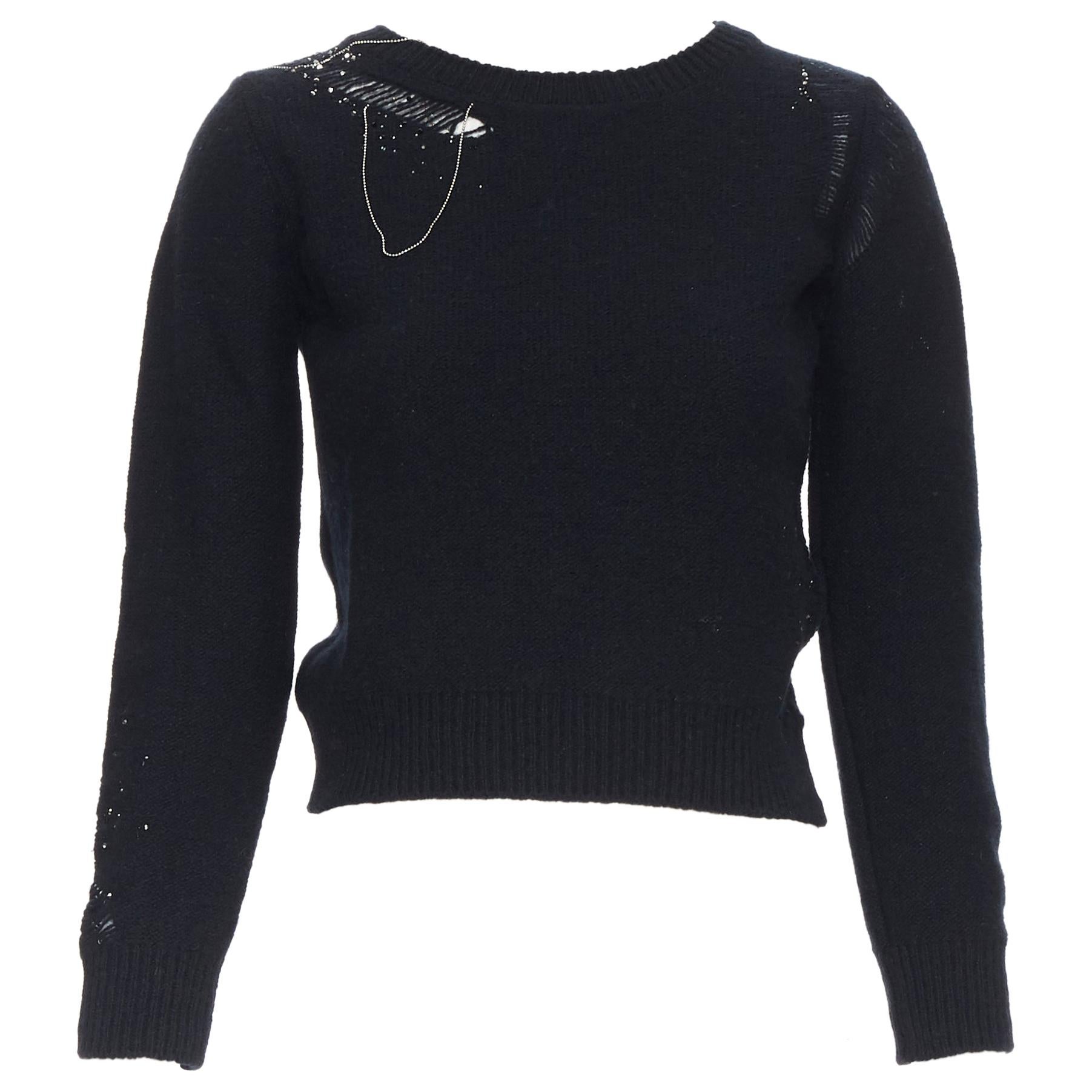 SAINT LAURENT black wool cashmere blend bead chain distressed cropped sweater XS