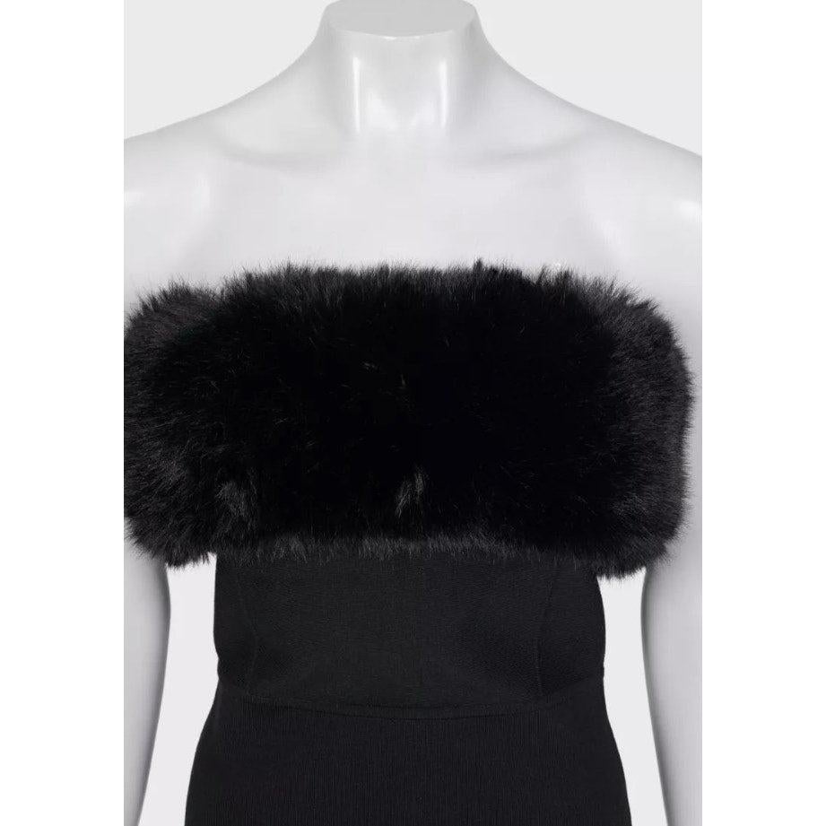 Saint Laurent Schwarzes Wollkleid mit Pelzbesatz und Ärmeln - Größe M Damen im Angebot