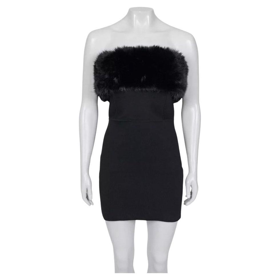 Saint Laurent Schwarzes Wollkleid mit Pelzbesatz und Ärmeln - Größe M im Angebot