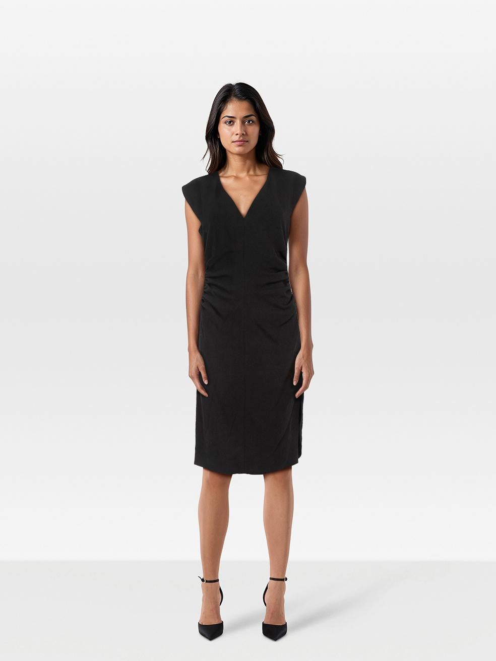 Saint Laurent Black Wool V Neck Ruched Dress Size L For Sale