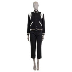 SAINT LAURENT black wool WHITE LEATHER TRIM TEDDY Bomber Jacket 36 XS