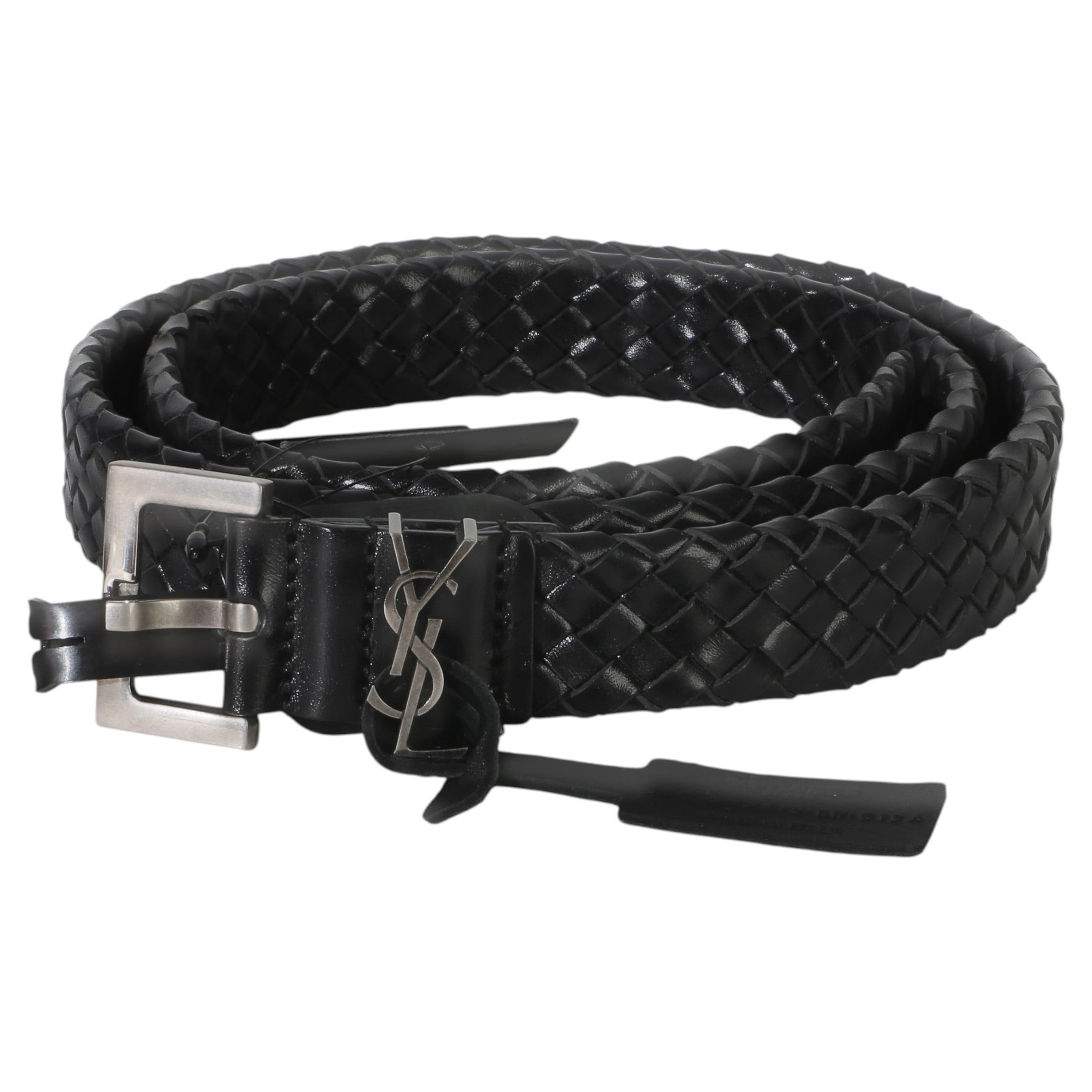 Pre-owned Saint Laurent Black Woven Lambskin Cassandre 38mm Belt 80/32
