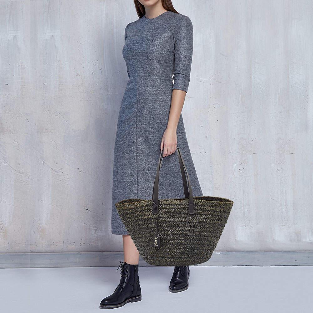 Saint Laurent Black Woven Raffia and Leather Basket Bag In Fair Condition In Dubai, Al Qouz 2
