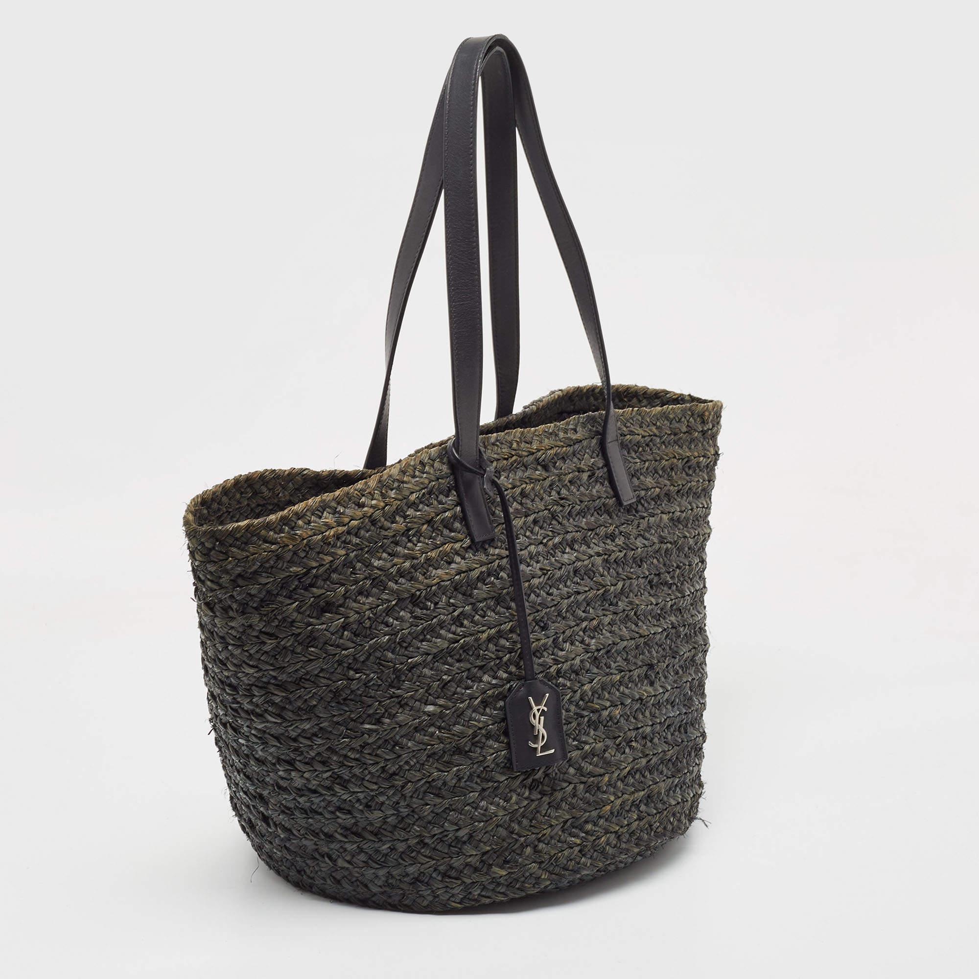 Women's Saint Laurent Black Woven Raffia and Leather Basket Bag