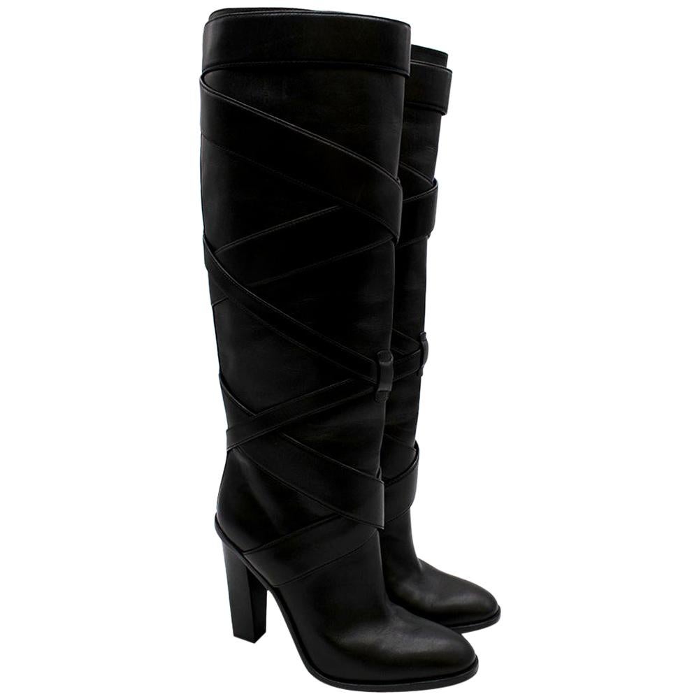 Saint Laurent Black Wraparound Leather Boots - Size EU 38 For Sale
