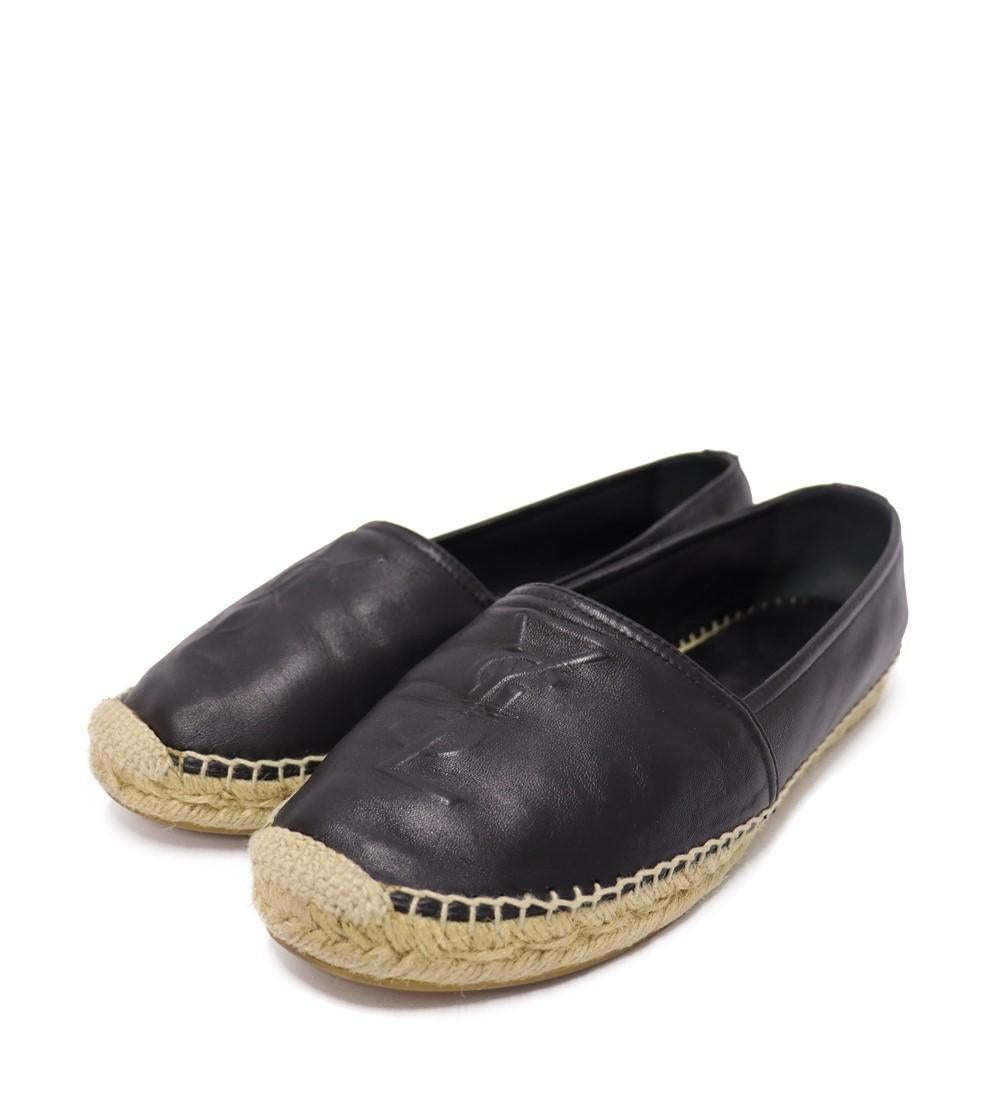 Saint Laurent Black YSL logo Leather Espadrilles. 

Material: Leather 
Size: EU 39.5
Overall Condition: Good.
Interior Condition: Signs of wear.
Exterior Condition: Leather scratches and light stains.