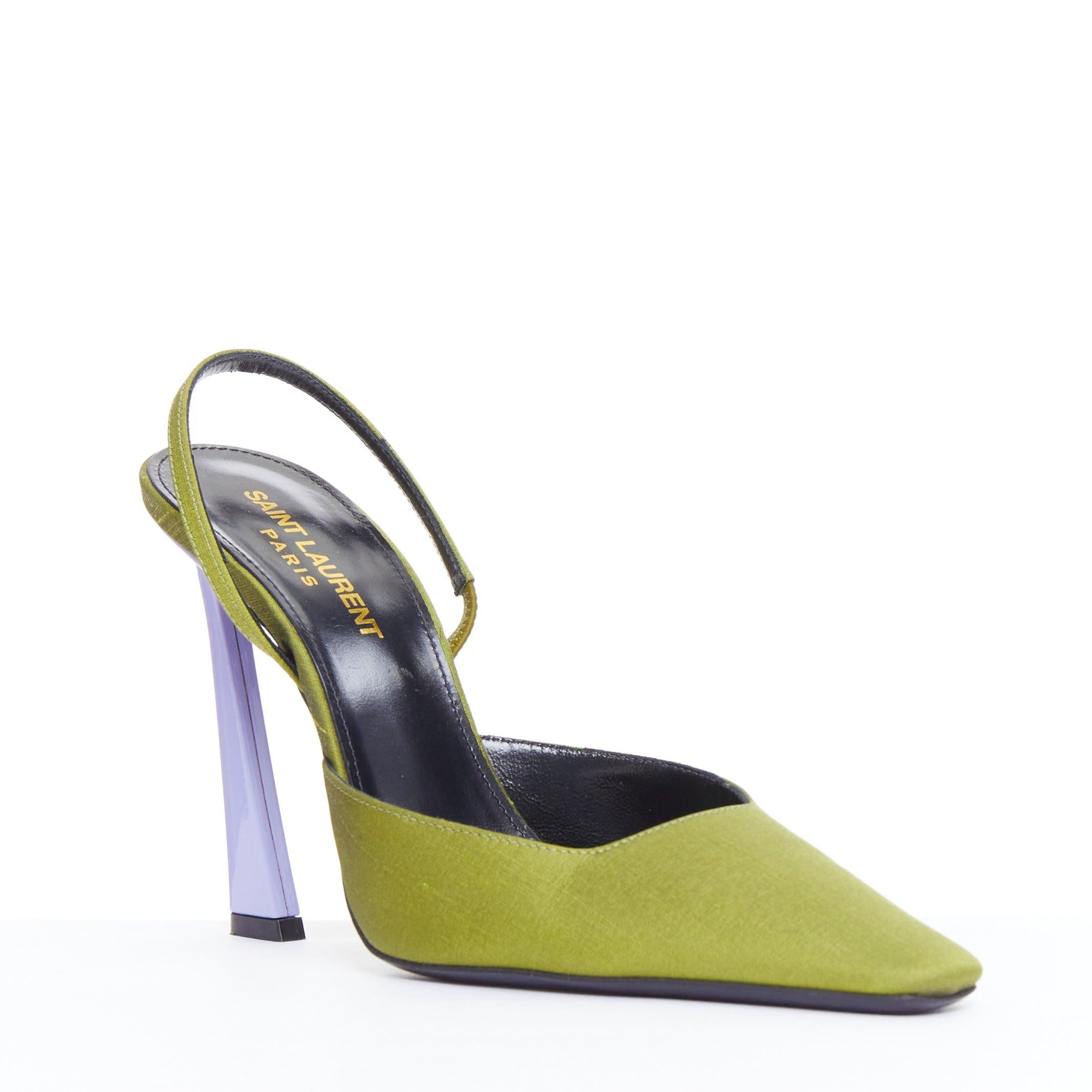 SAINT LAURENT Blade 105 green purple satin slingback pumps EU37
Reference: JACG/A00230
Brand: Saint Laurent
Designer: Anthony Vaccarello
Model: Tom
Material: Satin
Color: Green, Purple
Pattern: Solid
Closure: Slingback
Lining: Black Leather
Extra
