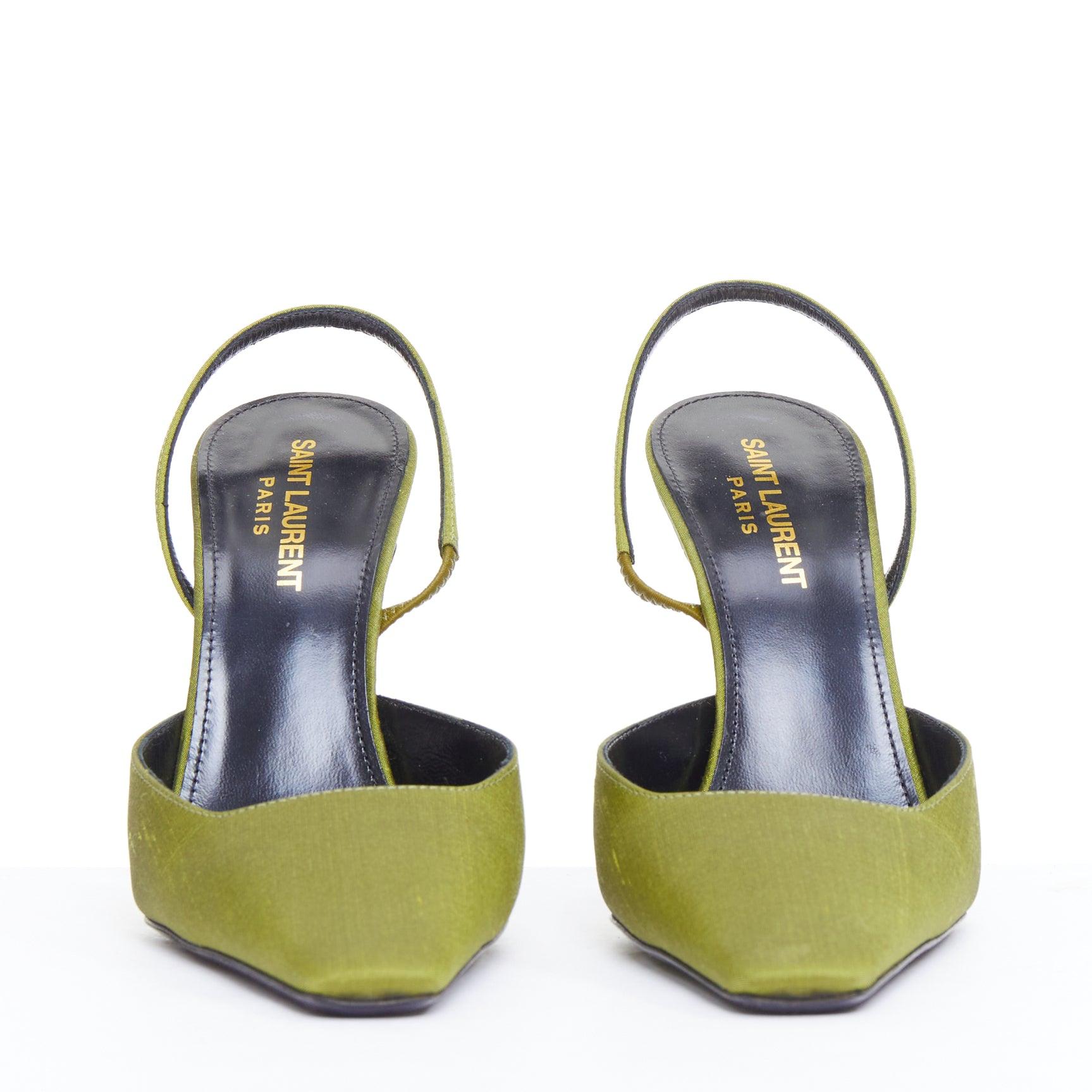 Brown SAINT LAURENT Blade 105 green purple satin slingback pumps EU37