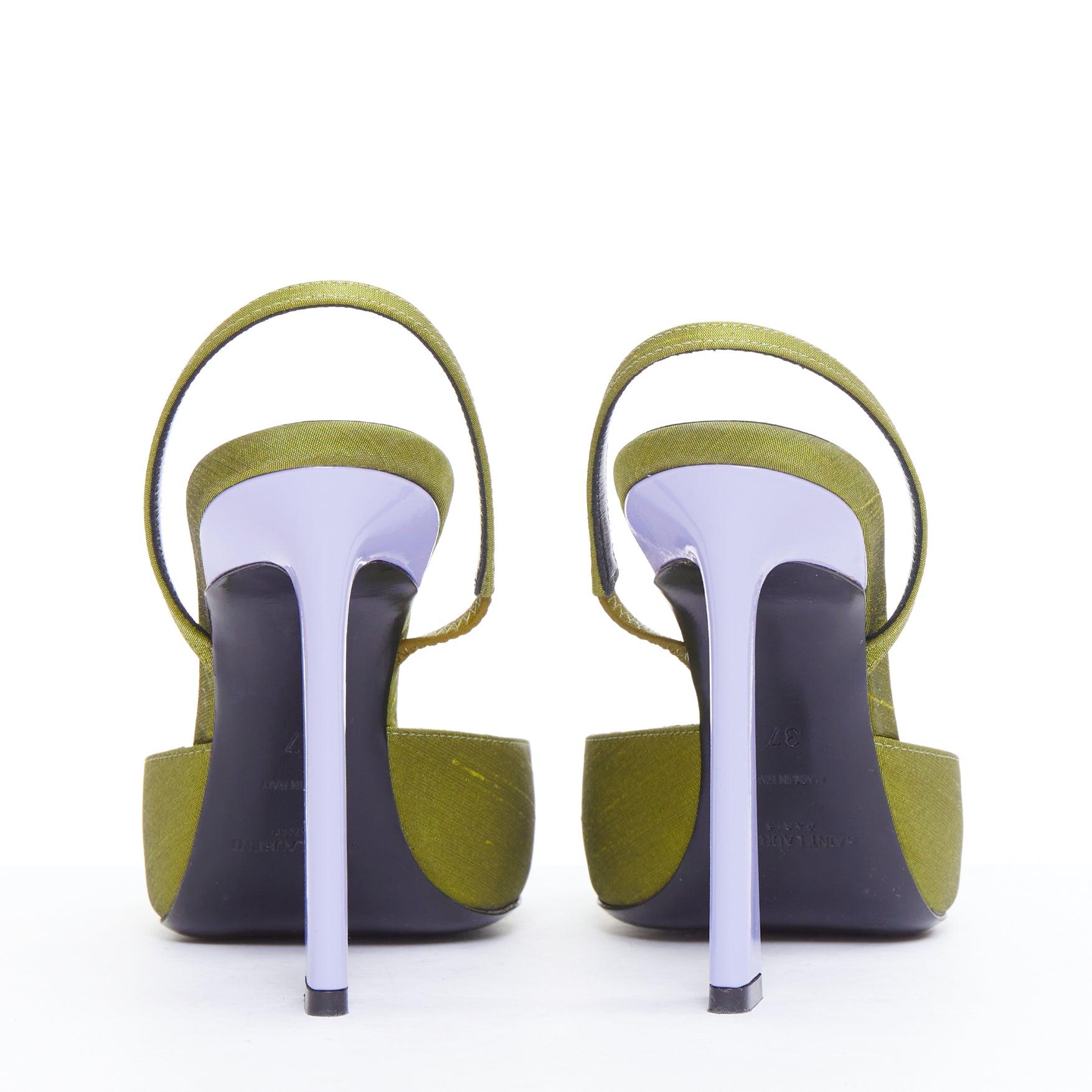SAINT LAURENT Blade 105 green purple satin slingback pumps EU37 1