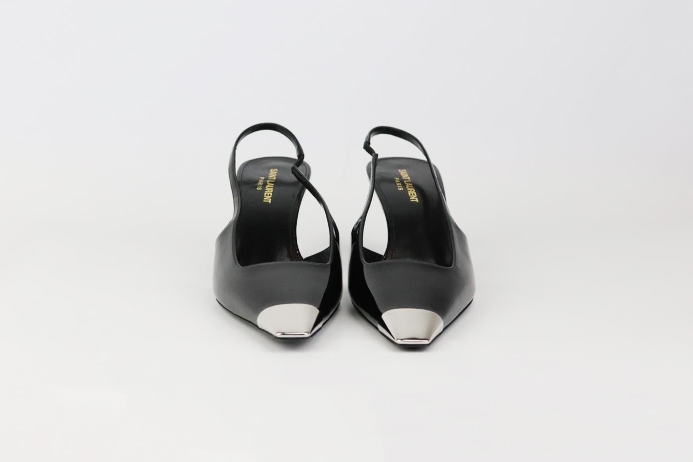 These 'Blade' pumps by Saint Laurent have been crafted in Italy from glossy patent-leather and embellished with polished silver-tone caps that really emphasize the square toes, they have flexible slingback straps and tapered heels. Heel measures