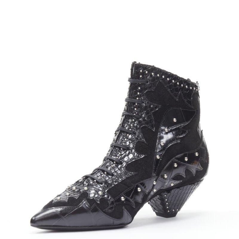 Women's SAINT LAURENT Blaze 45 black western scaled suede studded ankle bootie EU37 For Sale