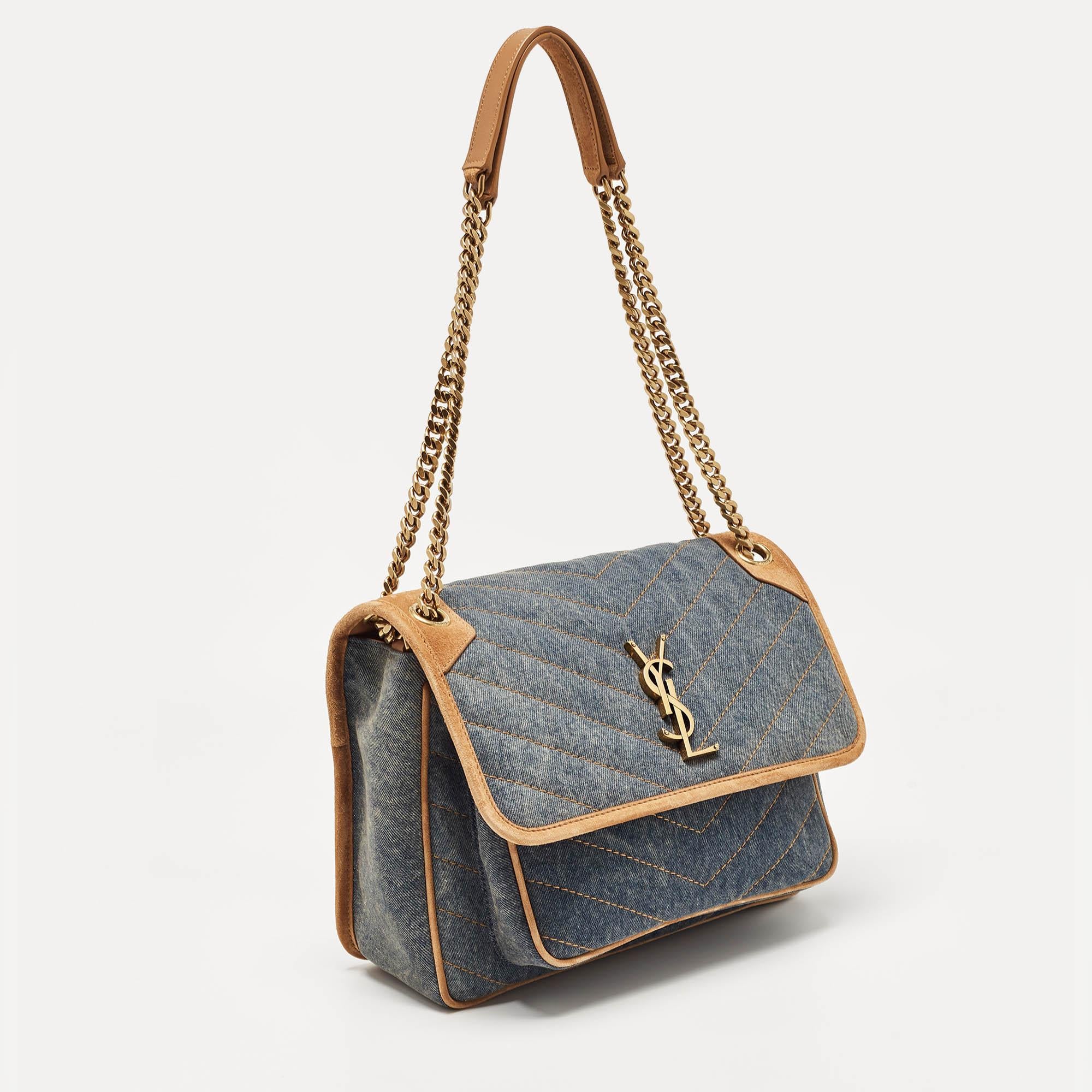 Saint Laurent Blue/Beige Matelasse Denim and Suede Medium Niki Shoulder Bag In Good Condition In Dubai, Al Qouz 2