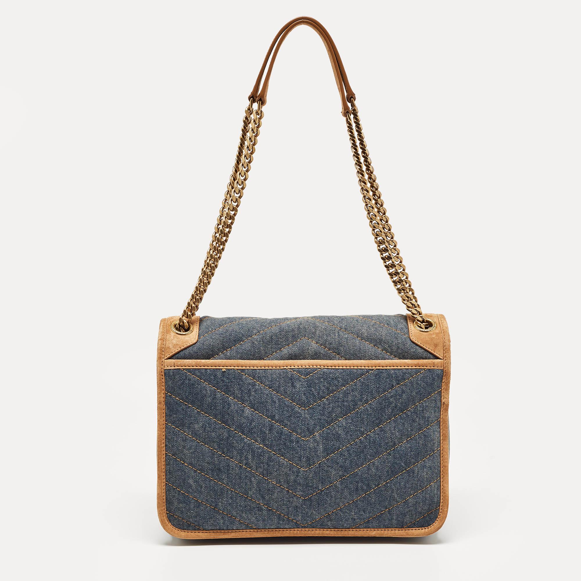 Women's Saint Laurent Blue/Beige Matelasse Denim and Suede Medium Niki Shoulder Bag