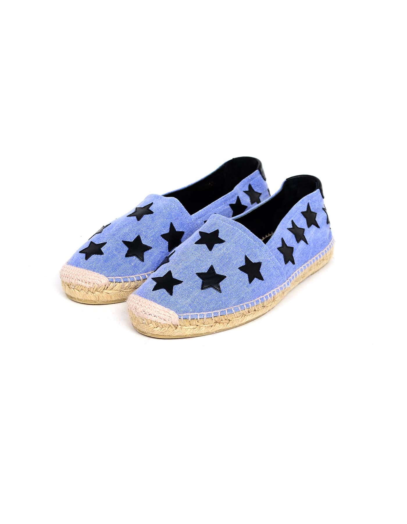 Yves Saint Laurent Blue/Black Men's Denim/Leather Star Applique Espadrilles Sz 42

Made In: Spain
Color: Blue/black
Materials: Denim, rope, leather
Closure/Opening: Slide on
Overall Condition: Excellent pre-owned condition 

Measurements: 
Marked