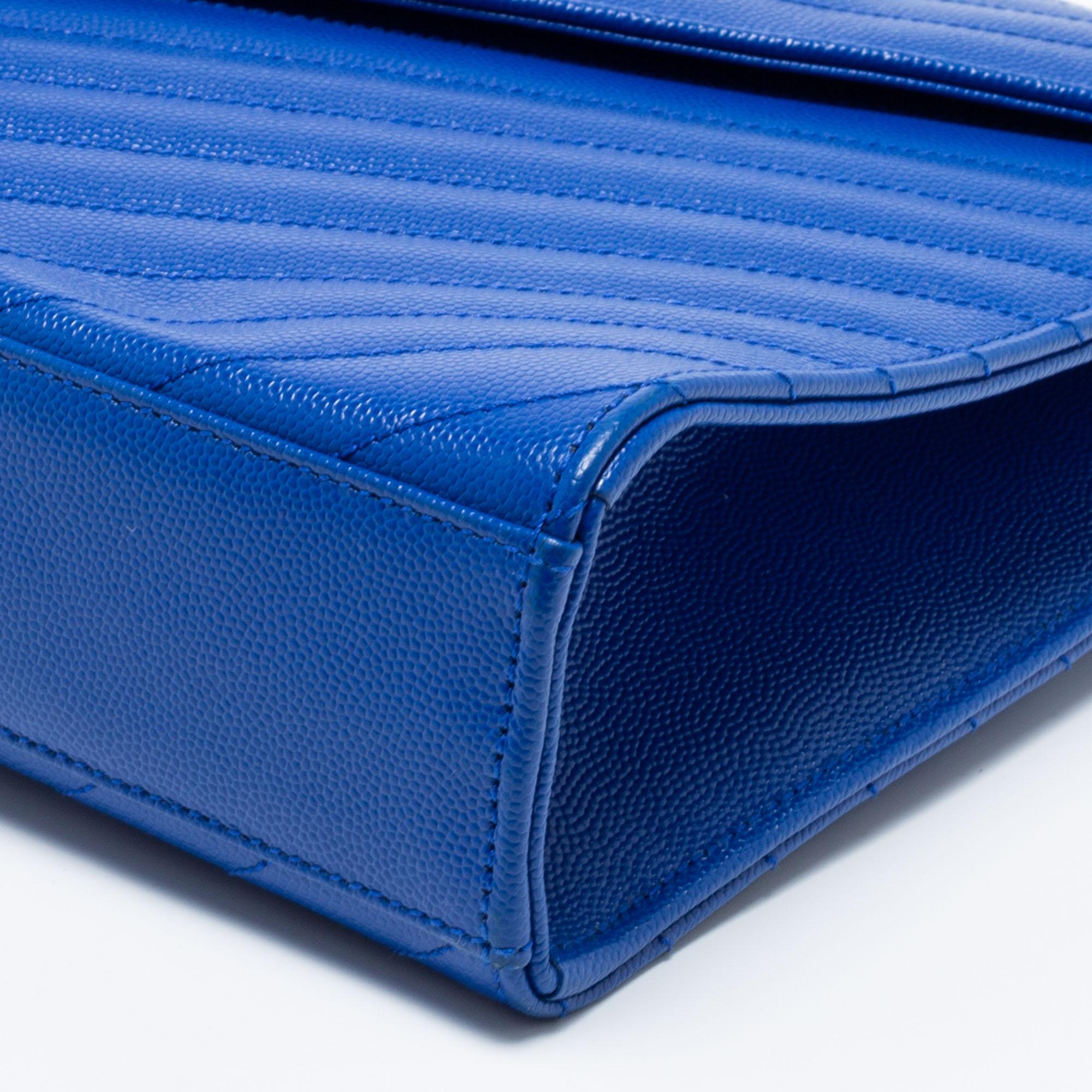 Saint Laurent Blue Chevron Quilted Leather Monogram Envelope Shoulder Bag In Good Condition In Dubai, Al Qouz 2