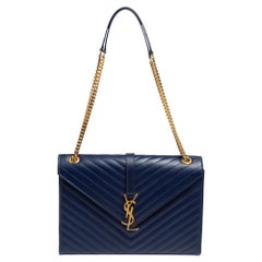 Saint Laurent Blue Chevron Quilted Leather Monogram Envelope Shoulder Bag