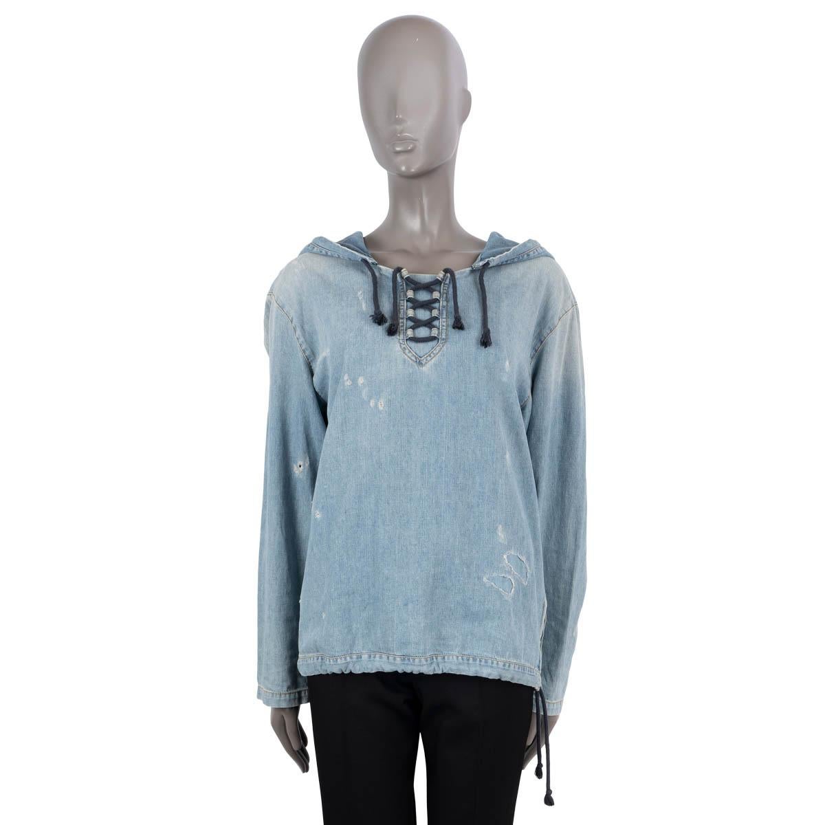 Gray SAINT LAURENT blue cotton 2019 DISTRESSED DENIM HOODED Shirt M For Sale