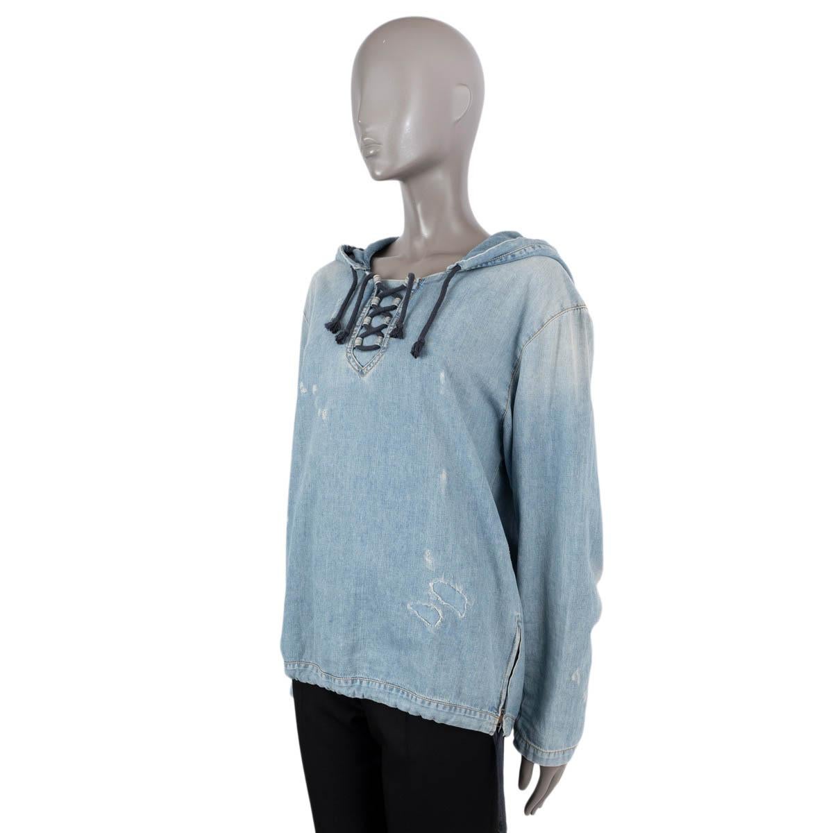 SAINT LAURENT blue cotton 2019 DISTRESSED DENIM HOODED Shirt M In Excellent Condition For Sale In Zürich, CH