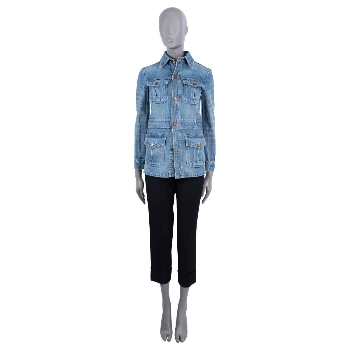 100% authentic Saint Laurent saharan short denim jacket in blue cotton (100%). Features four flap pockets on the front. Closes on the front with a bronze tone buttons. Cuffs close with bronze tone buttons. Unlined. Has been worn and is in excellent