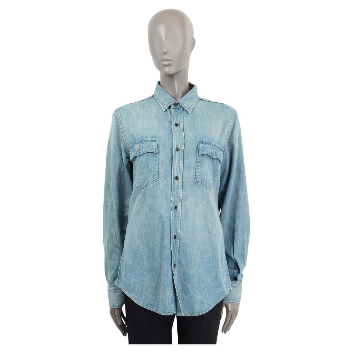 SAINT LAURENT blue cotton FADED DENIM Button Up Shirt M