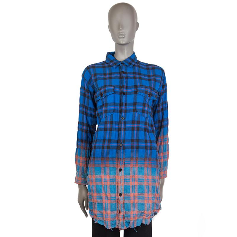 100% authentic Saint Laurent long sleeve ombré plaid shirt in blue, black, rust and crayola blue cotton (assumed as tag is missing) with a flat collar, two flap pockets on the front, one-button cuffs, distressed hemline, and a straight yoke at the