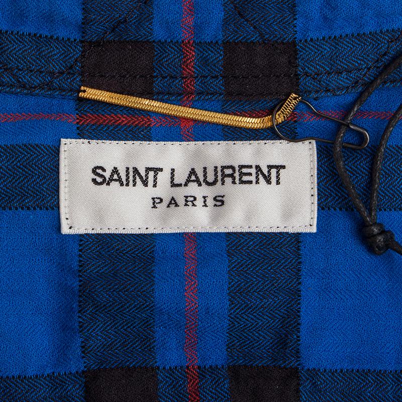 Women's SAINT LAURENT blue cotton GRADIENT PLAID LONG Button Up Shirt M
