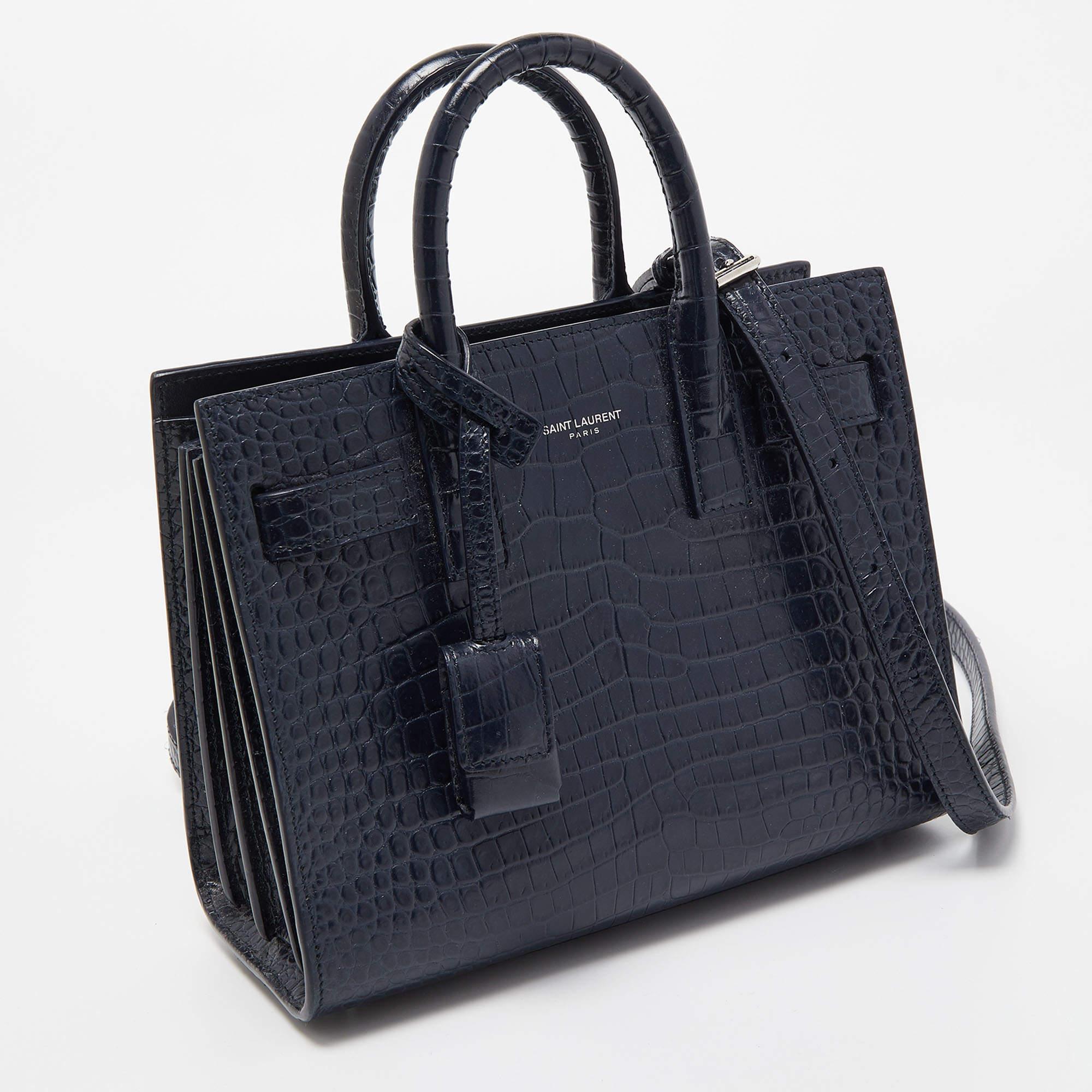 Women's Saint Laurent Blue Croc Embossed Leather Nano Classic Sac De Jour Tote