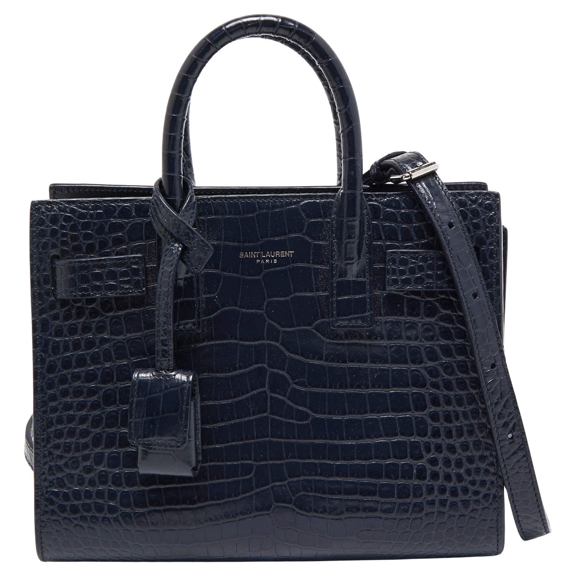 Saint Laurent Sac de jour Nano Classic en cuir embossé croco bleu