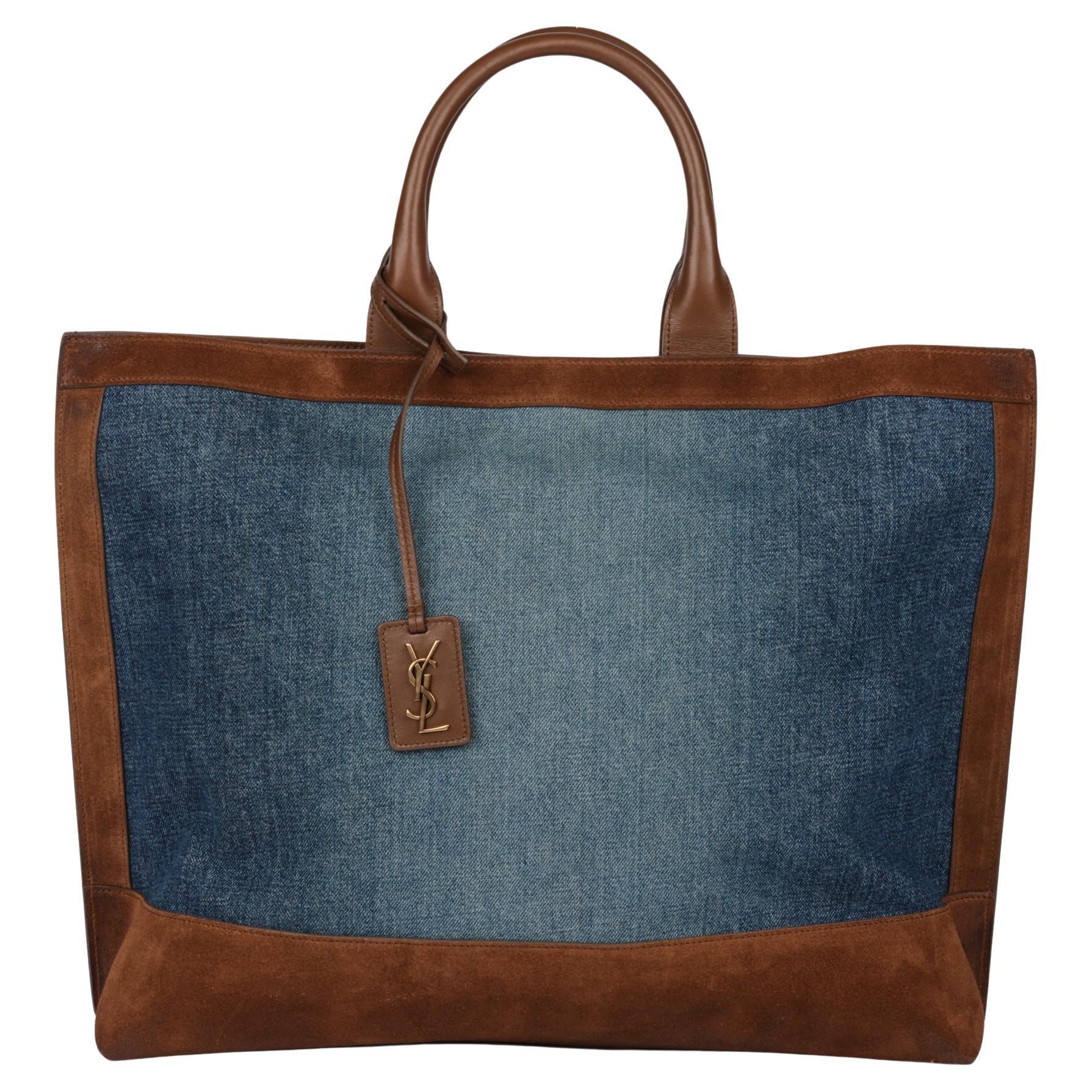 Saint Laurent Blue Denim and Brown Suede Shopping Tote