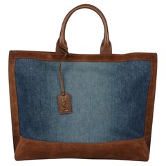 Saint Laurent Einkaufstasche aus blauem Denim und braunem Wildleder