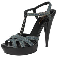 Saint Laurent Blue Denim Tribute Platform Sandals Size 39