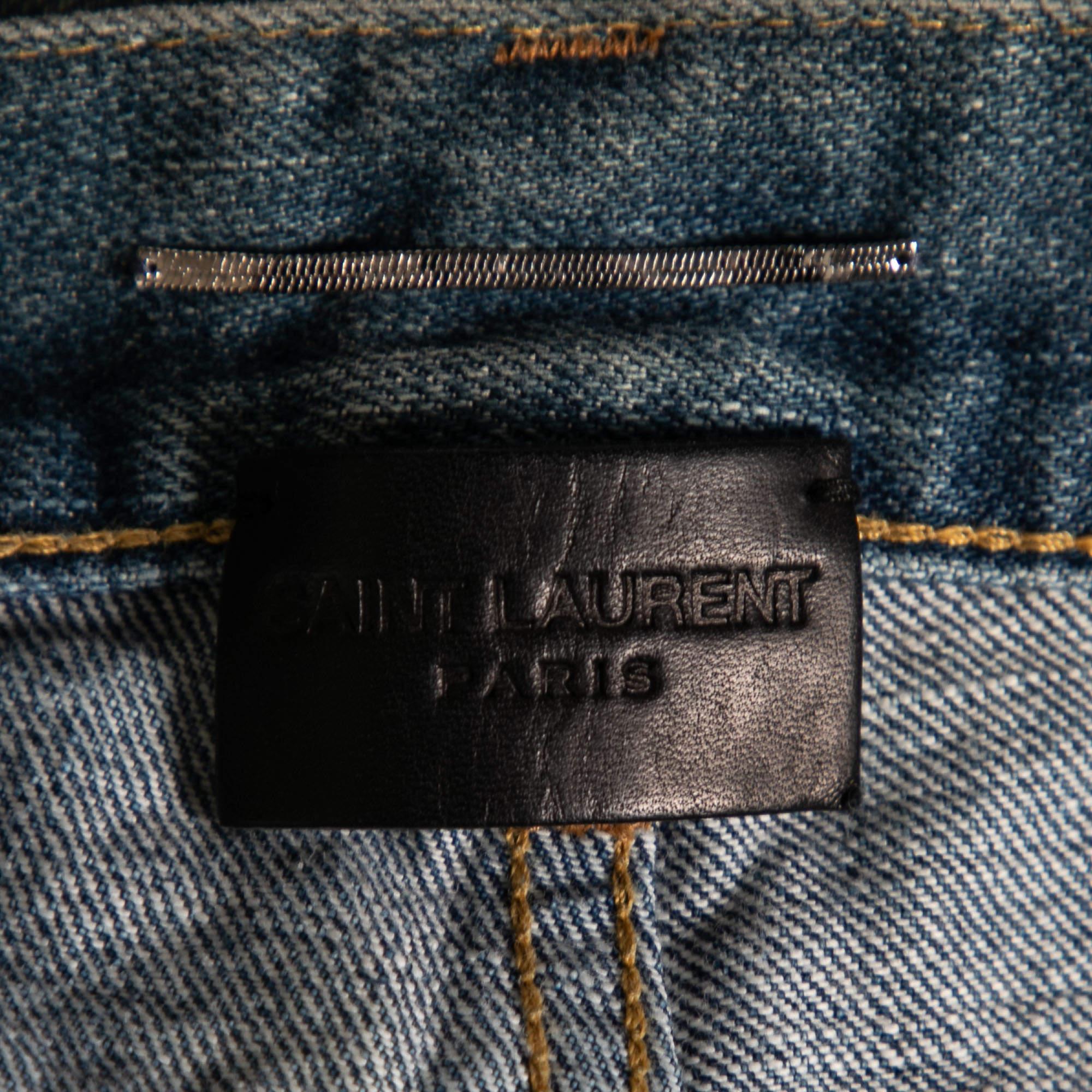 Saint Laurent Blue Distressed Denim Capri Shorts S In Good Condition For Sale In Dubai, Al Qouz 2