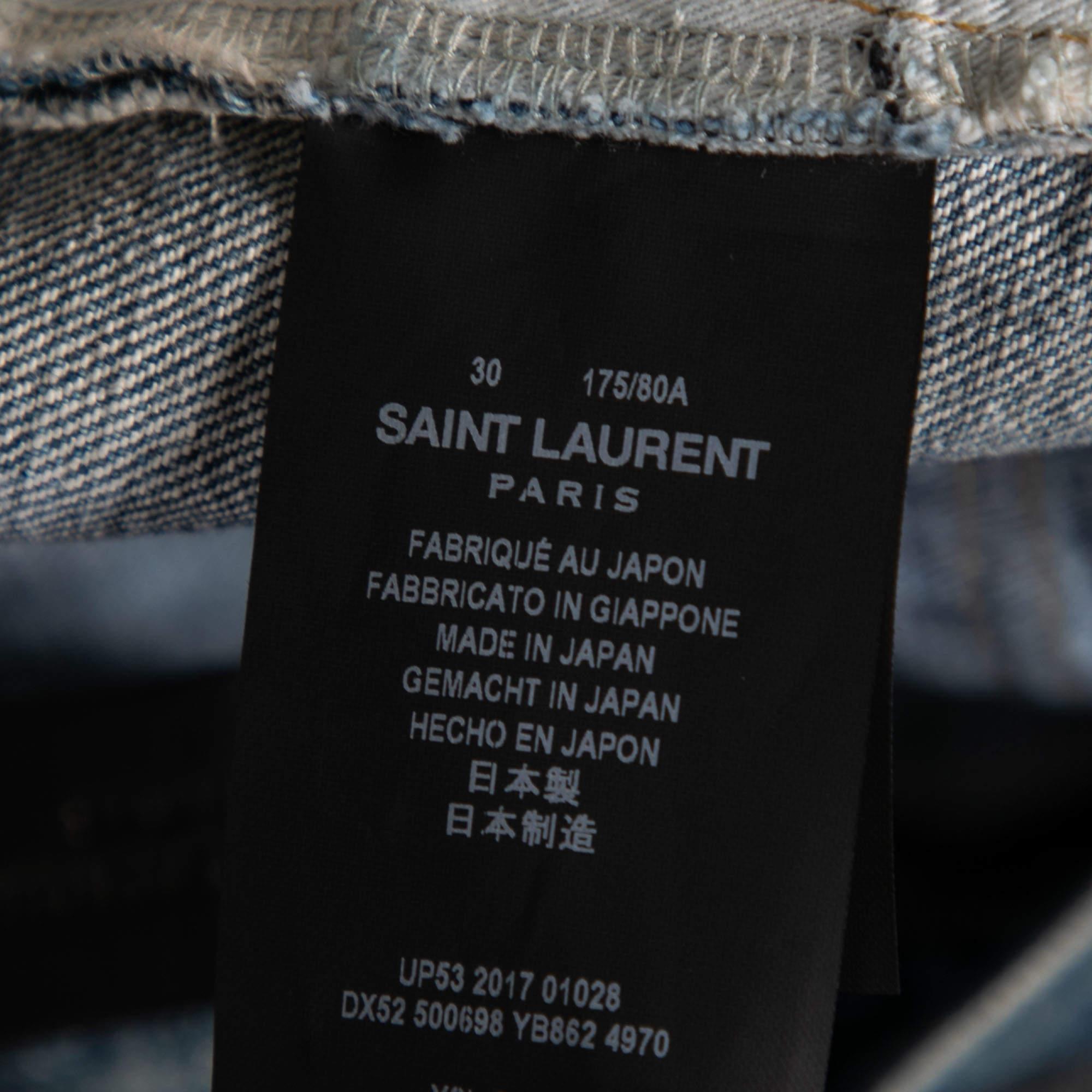 Saint Laurent Blue Distressed Denim Capri Shorts S For Sale 1