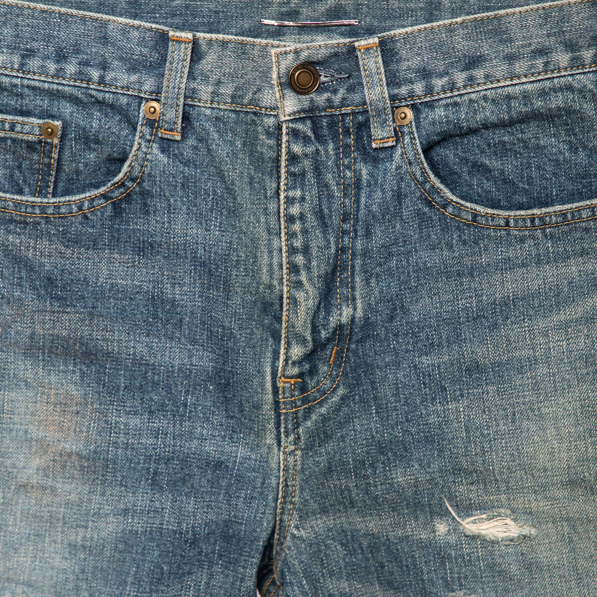 Saint Laurent Blue Distressed Denim Capri Shorts S 2
