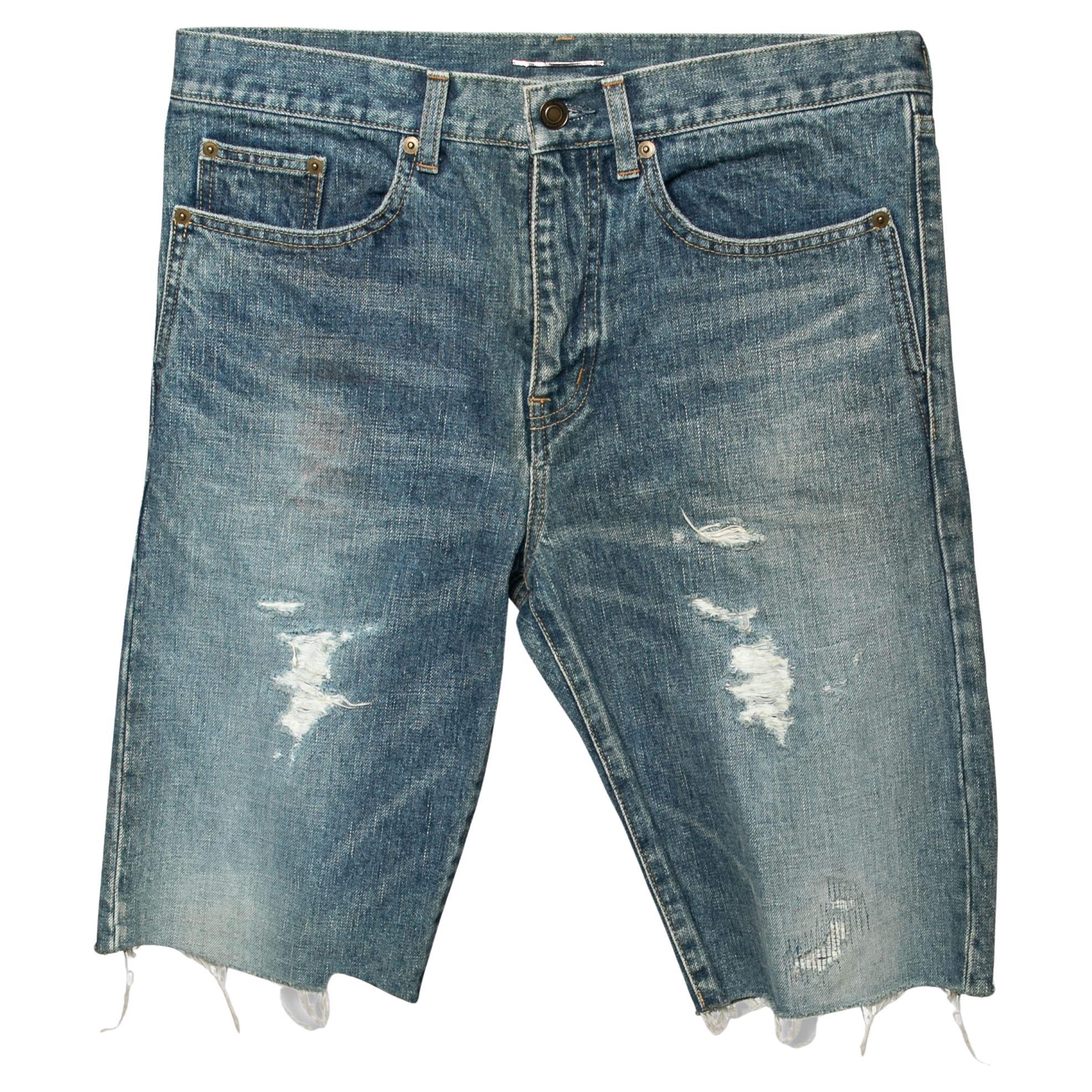 Saint Laurent Blue Distressed Denim Capri Shorts S For Sale