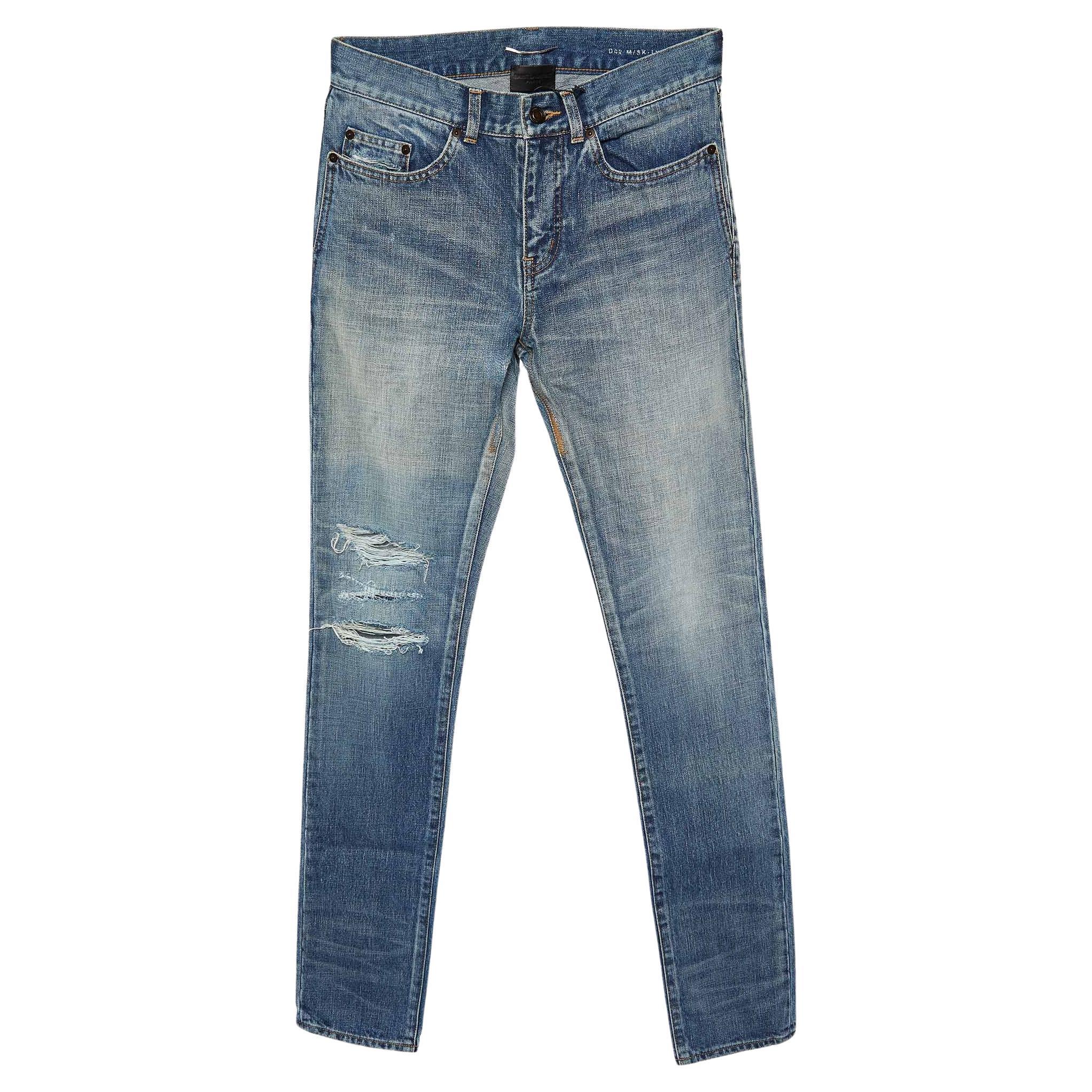 Saint Laurent Blau Distressed Denim Skinny Fit Jeans S/Waist 31" aus Denim im Used-Look im Angebot