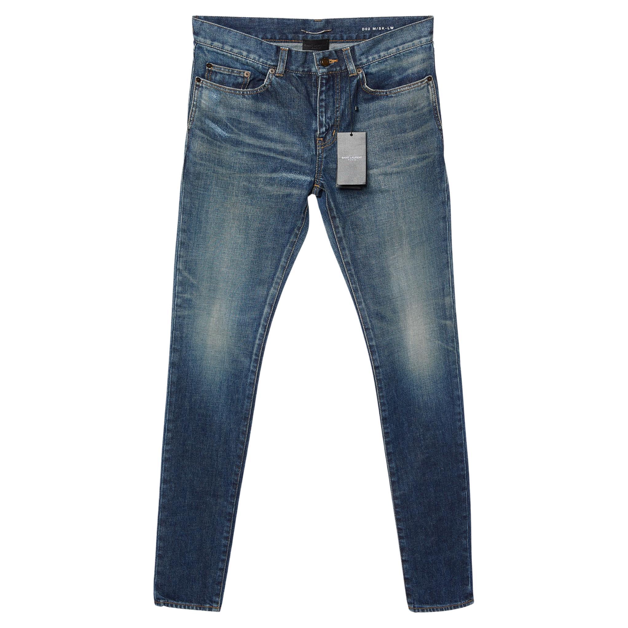 Saint Laurent Blue Distressed Denim Slim Fit Jeans S/Waist 31" For Sale