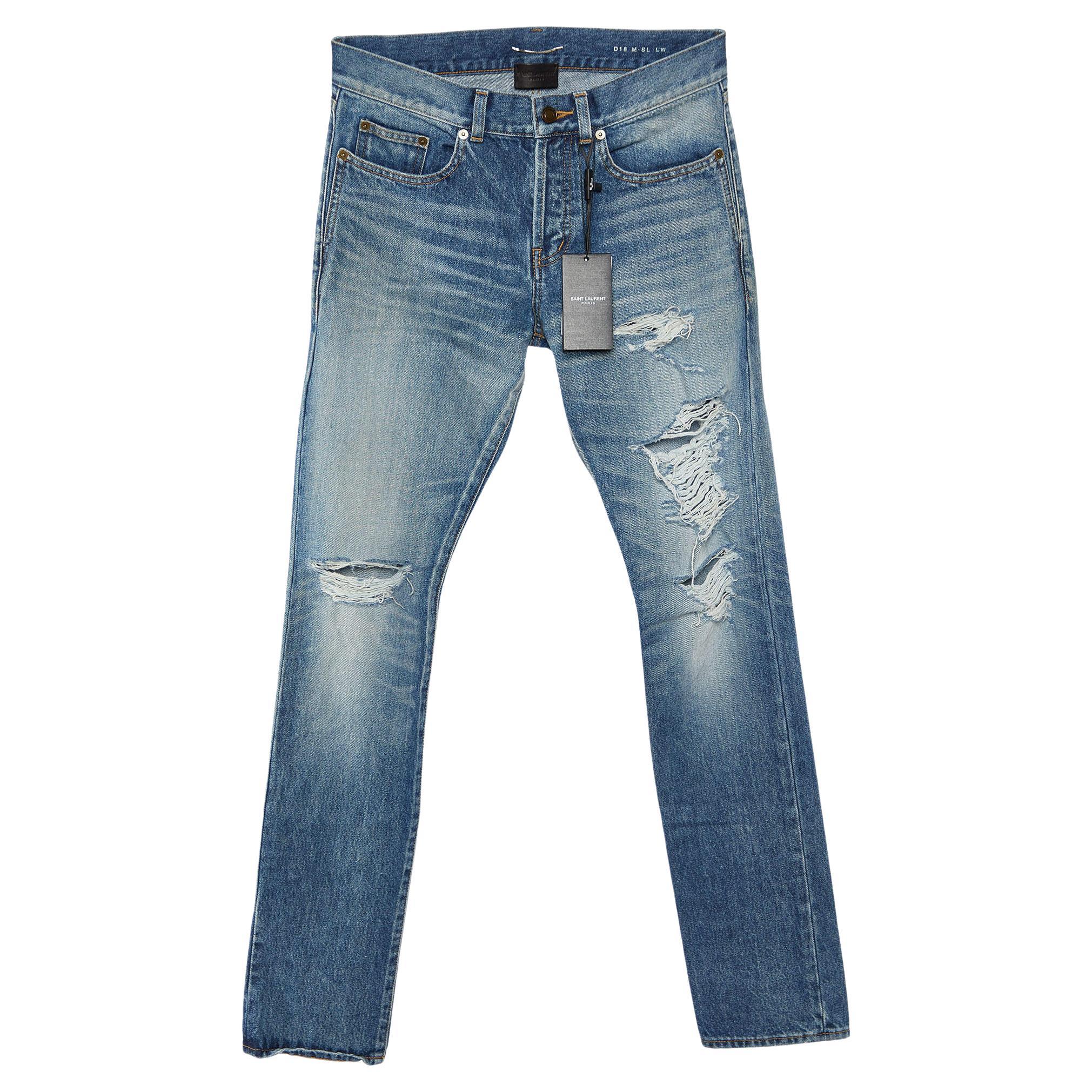Saint Laurent Blue Distressed Denim Slim Fit Jeans S/Waist 32" For Sale