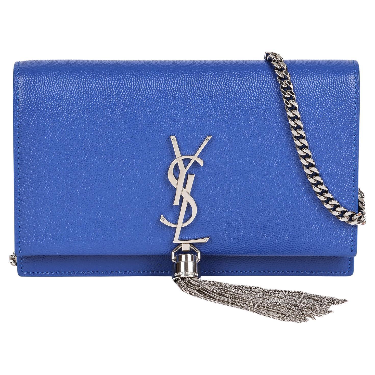 SAINT LAURENT Blue Electric Calfskin Leather Kate Chain Wallet with Tassel