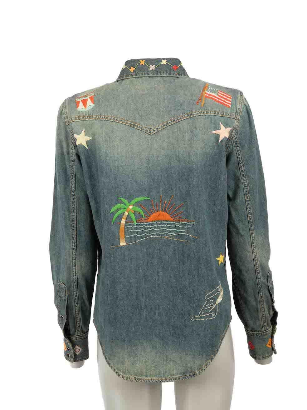 Saint Laurent Blue Embroidered Denim Shirt Size L In Excellent Condition For Sale In London, GB