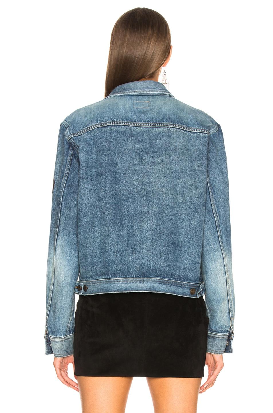 Gray Saint Laurent Blue Jean Denim Jacket with Embroidered Badge Size Large For Sale