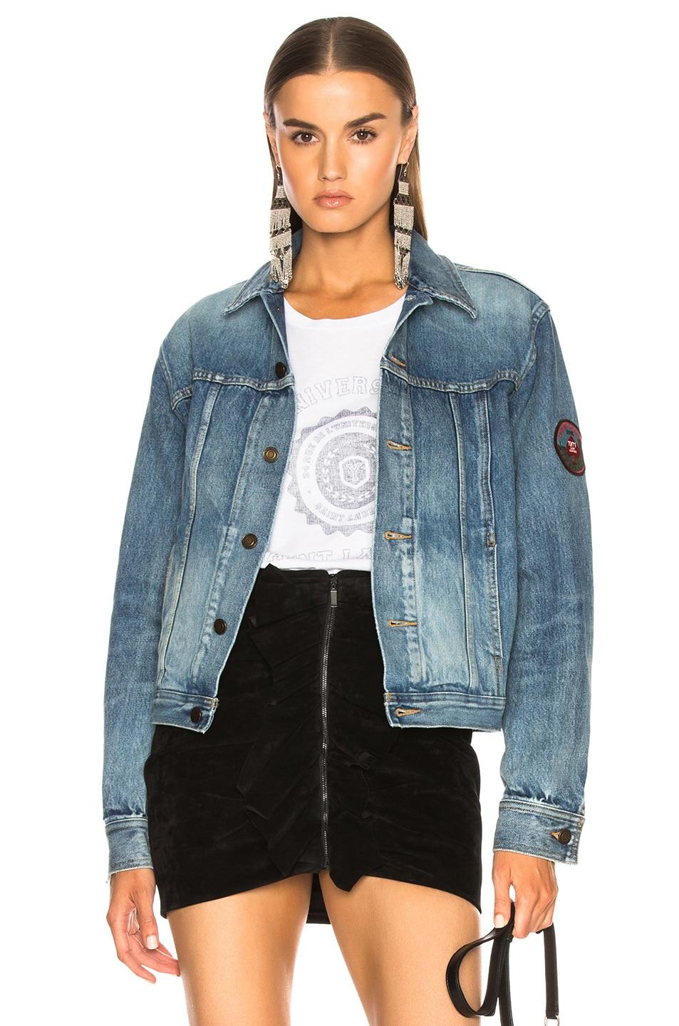 Saint Laurent Blue Jean Denim Jacket with Embroidered Badge Size Large For Sale 1
