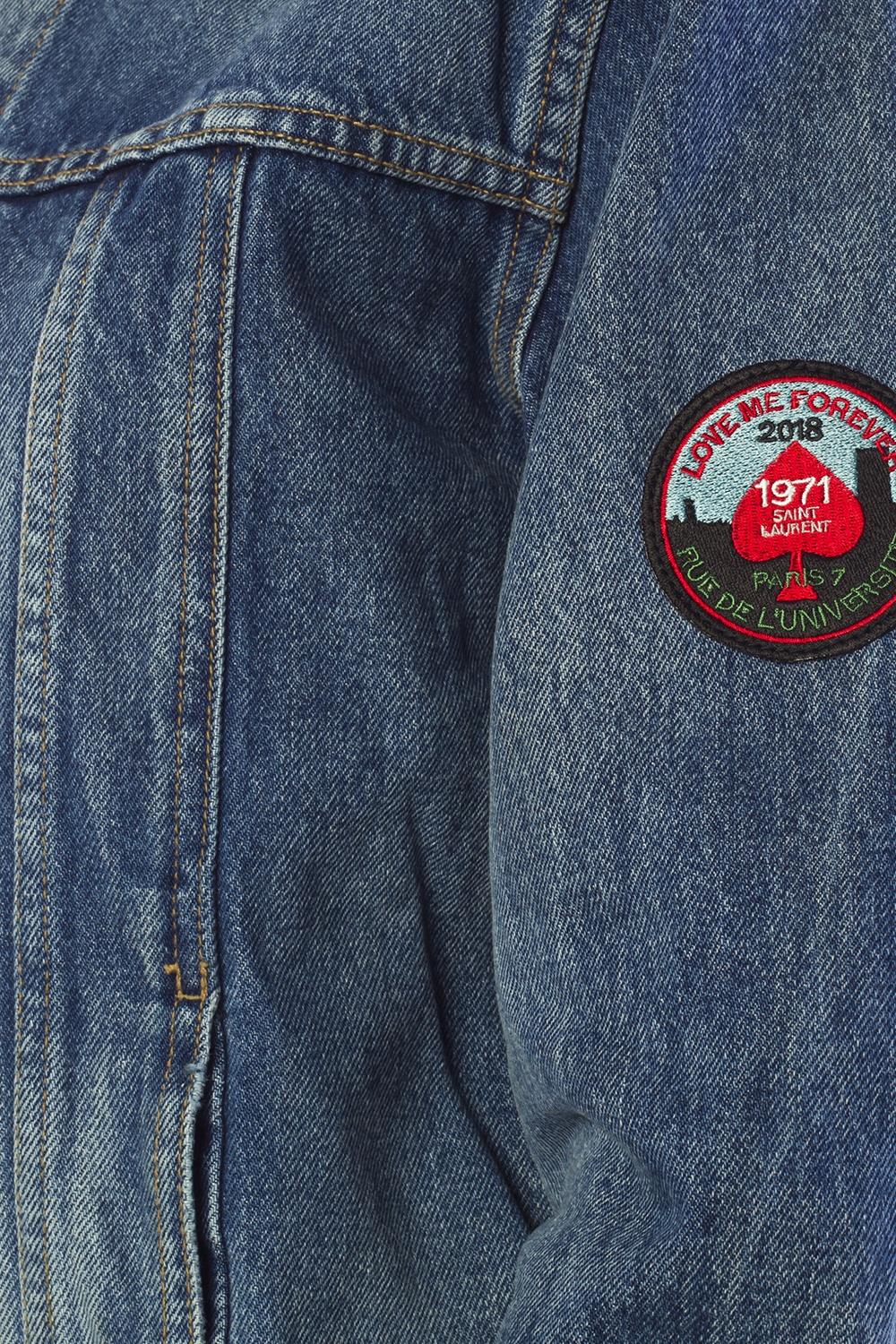 Saint Laurent Blue Jean Denim Jacket with Embroidered Badge Size Large For Sale 2