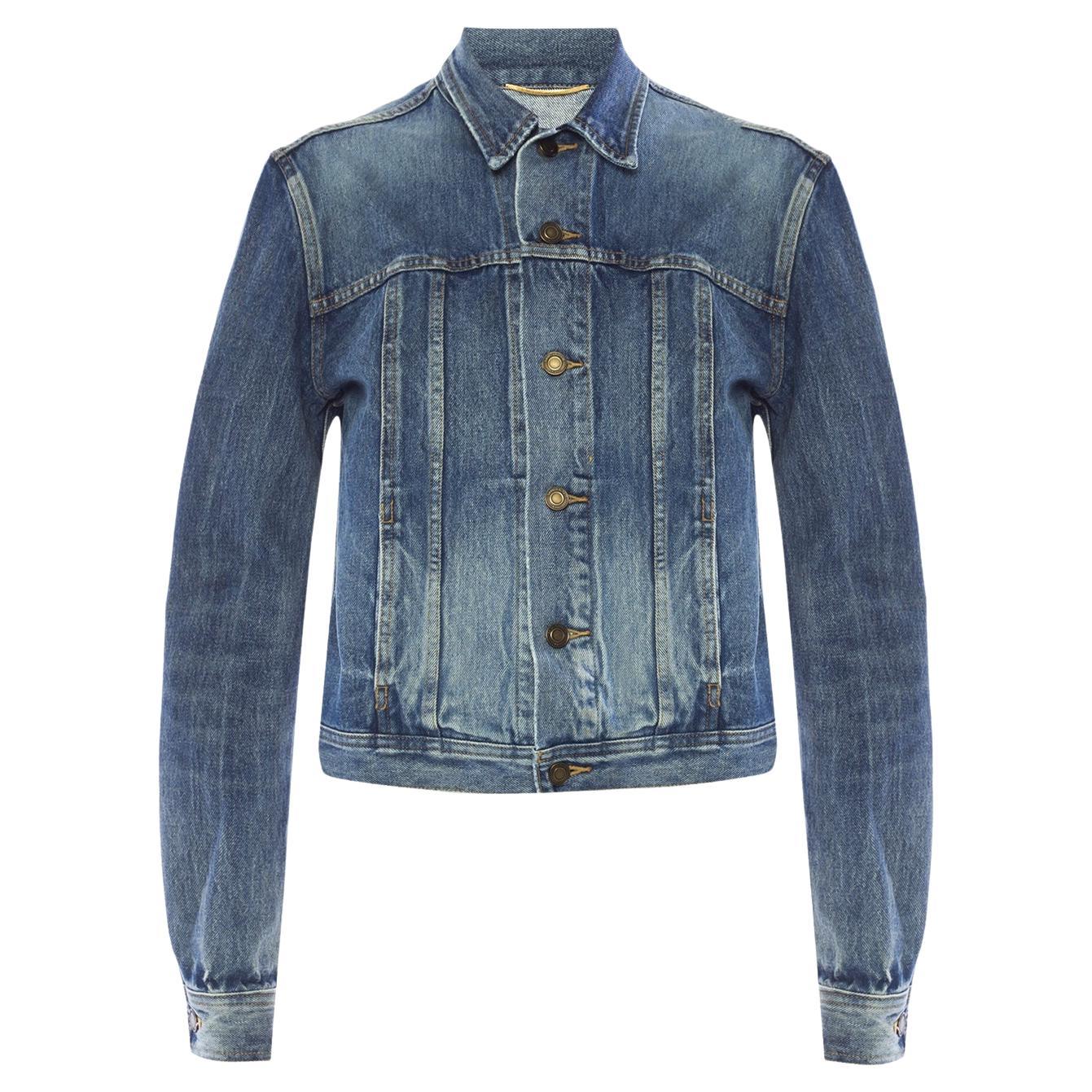 Saint Laurent Blue Jean Denim Jacket with Embroidered Badge Size Medium For Sale
