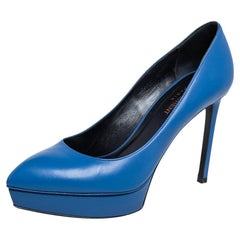 Saint Laurent Blue Leather Janis Pointed Toe Pumps Size 37.5