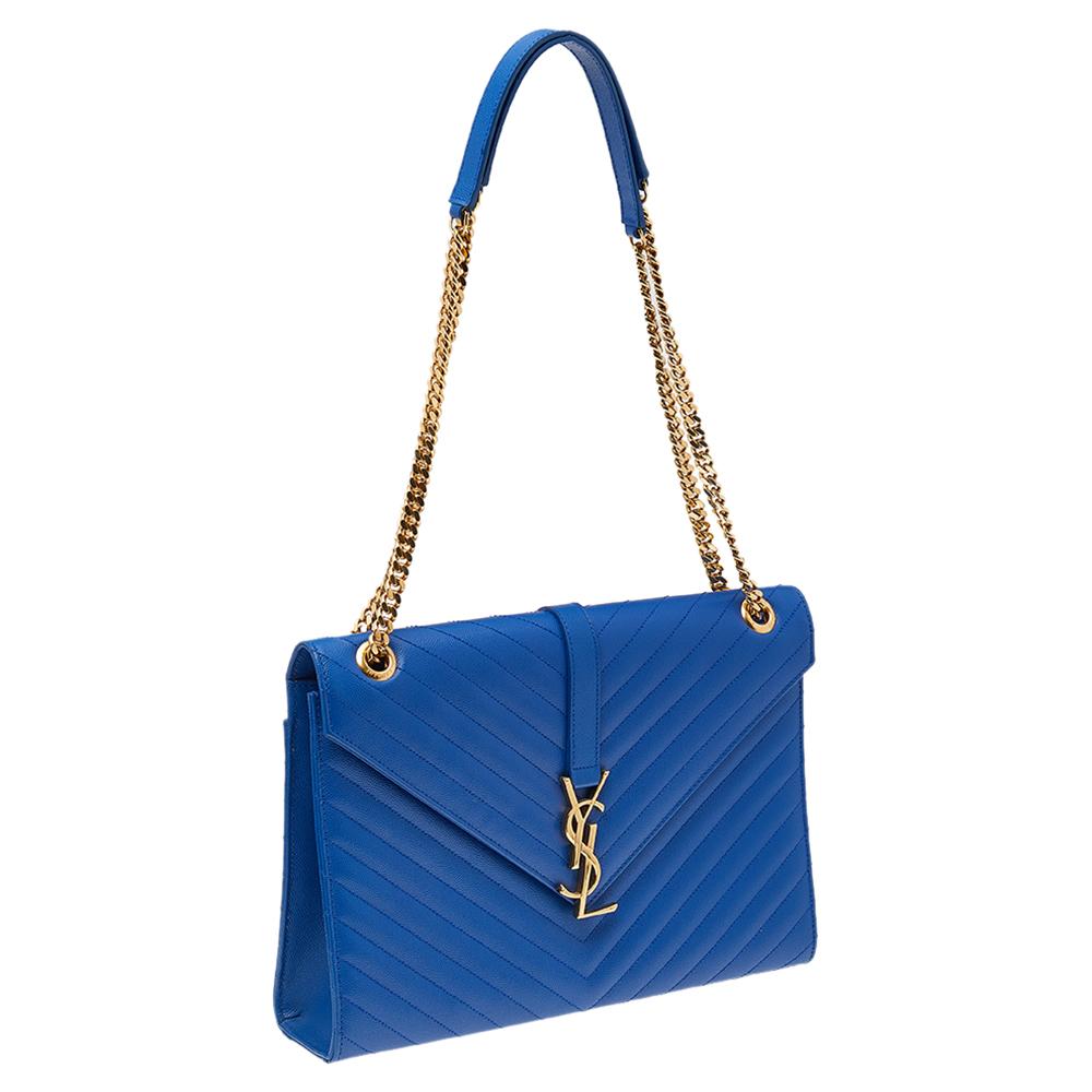 Saint Laurent Blue Leather Large Matelassé Envelope Shoulder Bag In Excellent Condition In Dubai, Al Qouz 2