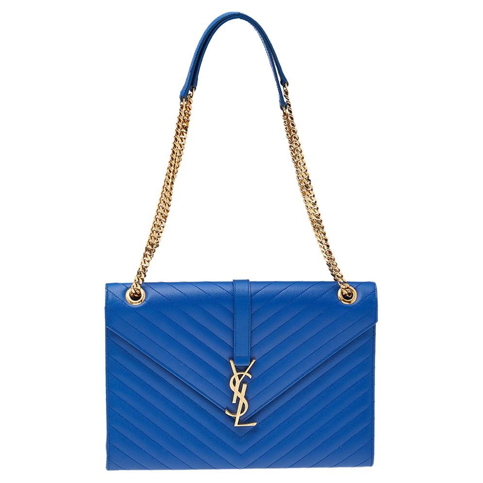 Saint Laurent Blue Leather Large Matelassé Envelope Shoulder Bag