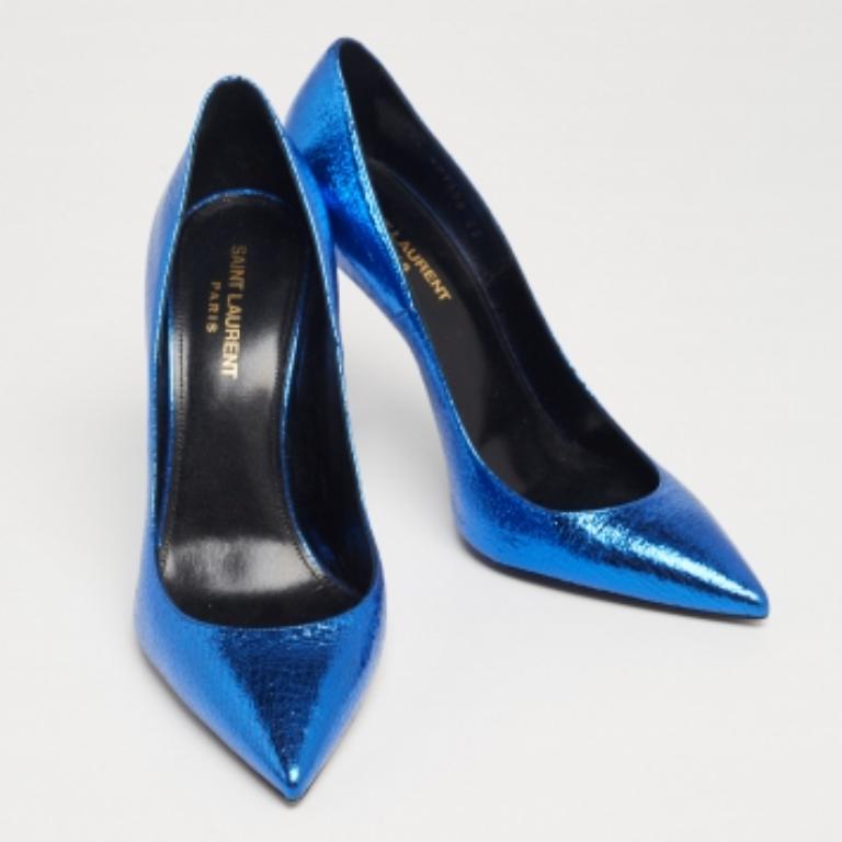 Saint Laurent Blue Leather Pointed Toe Pumps Size 39 In Good Condition For Sale In Dubai, Al Qouz 2