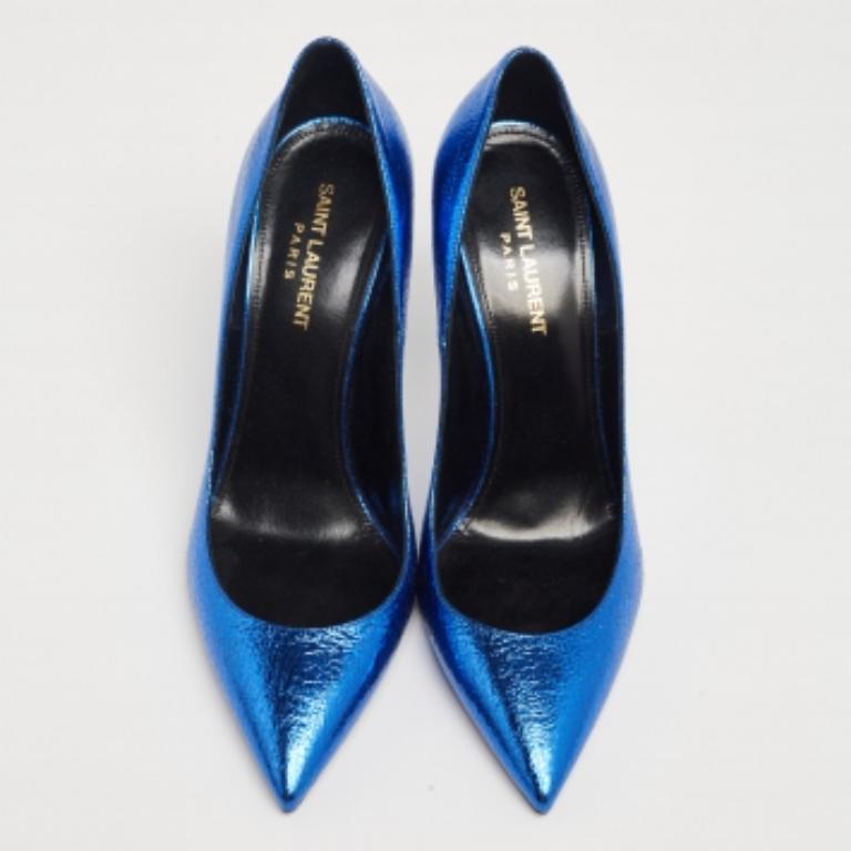 Women's Saint Laurent Blue Leather Pointed Toe Pumps Size 39 For Sale